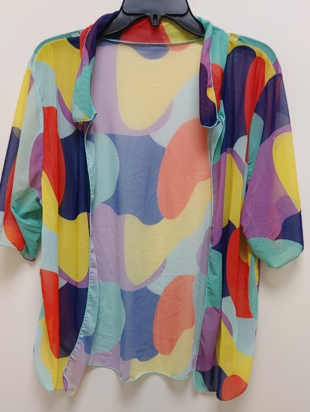 Sheer Mesh Coverup Multicolor Abstract Print Open Front Women Sized OXL